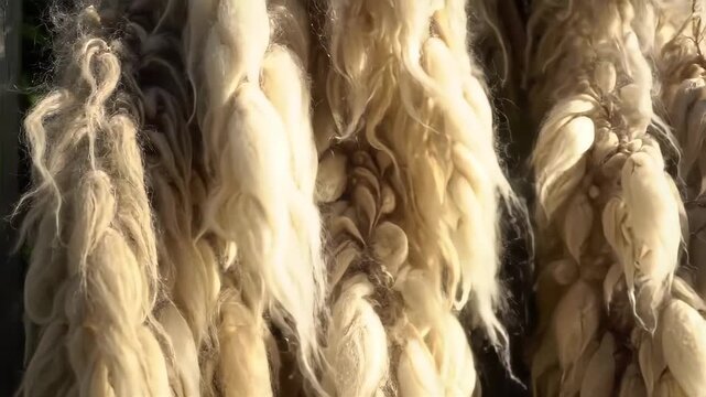 Closeup of White Wool Fibers Hanging to Dry Outdoors in Sunlight Background