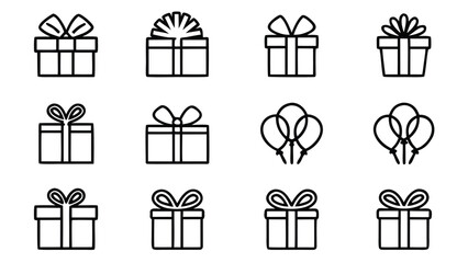 Bold Black Line Art Gift Icons: Presents, Bows, Balloons; Festive Celebration Graphics.