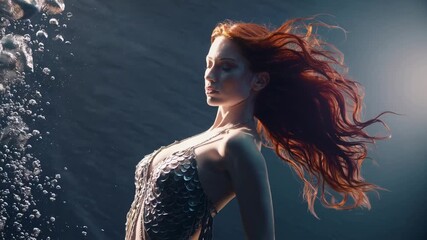 Underwater woman or mermaid with red hair. Great for beauty, fashion, fantasy, and surreal storytelling.
 - Powered by Adobe