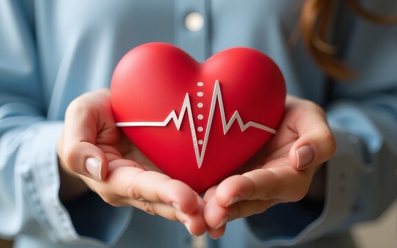 World Hypertension Day. Women's hands hold red heart with heartbeat chart - a symbol of high blood pressure. Hypertension Day in May 17th. World heart day, world health day. High quality - Powered by Adobe