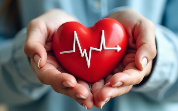 World Hypertension Day. Women's hands hold red heart with heartbeat chart - a symbol of high blood pressure. Hypertension Day in May 17th. World heart day, world health day. High quality