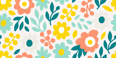 Whimsical floral pattern with pastel colors and playful shapes