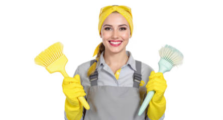 Smiling young woman yellow gloves holding cleaning brushes isolated, transparent background