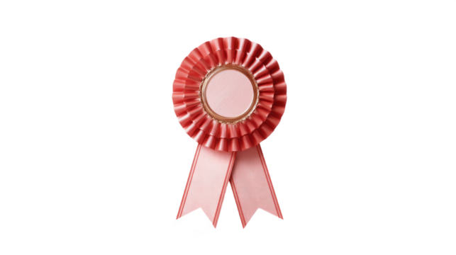 Red award ribbon with rosette and blank center for achievement isolated, transparent background