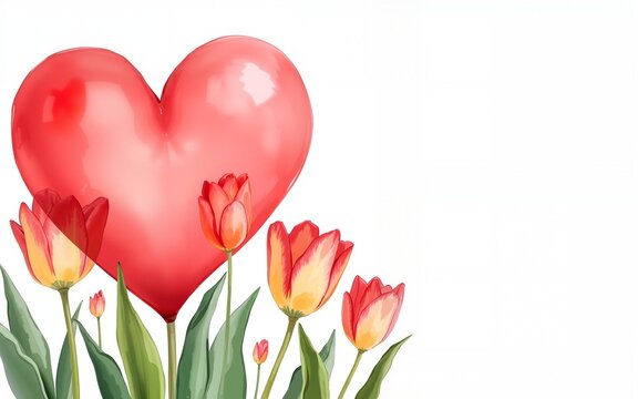 concept of Parkinson's disease day , 11 april, Alzheimer awareness day, dementia diagnosis, memory loss disorder, heart shape and tulip flowers watercolor art in red and white color, cards, banner - Powered by Adobe