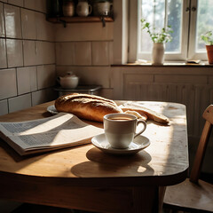 Obraz premium Wooden dining table with breakfast setting in cozy natural light kitchen