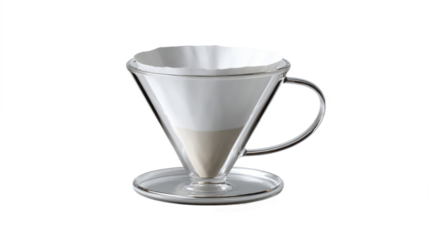 Glass coffee dripper with paper filter for brewing fresh coffee isolated, transparent background