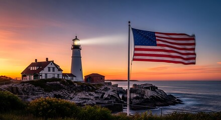 Lighthouse and american flag at sunset illuminating the coastline of the united states of america for light house day