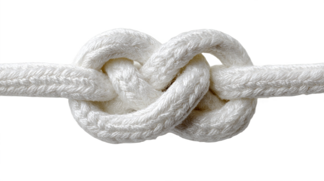 White rope knot tied tightly with clean texture and soft fibers isolated, transparent background