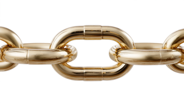 Golden polished metal chain link with shiny smooth surface isolated, transparent background