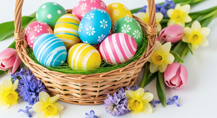 A wicker basket filled with colorful decorated easter eggs surrounded by spring flowers blooms