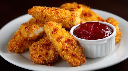 Crispy Fried Chicken Tenders with Sweet Saucy Dip on Plate