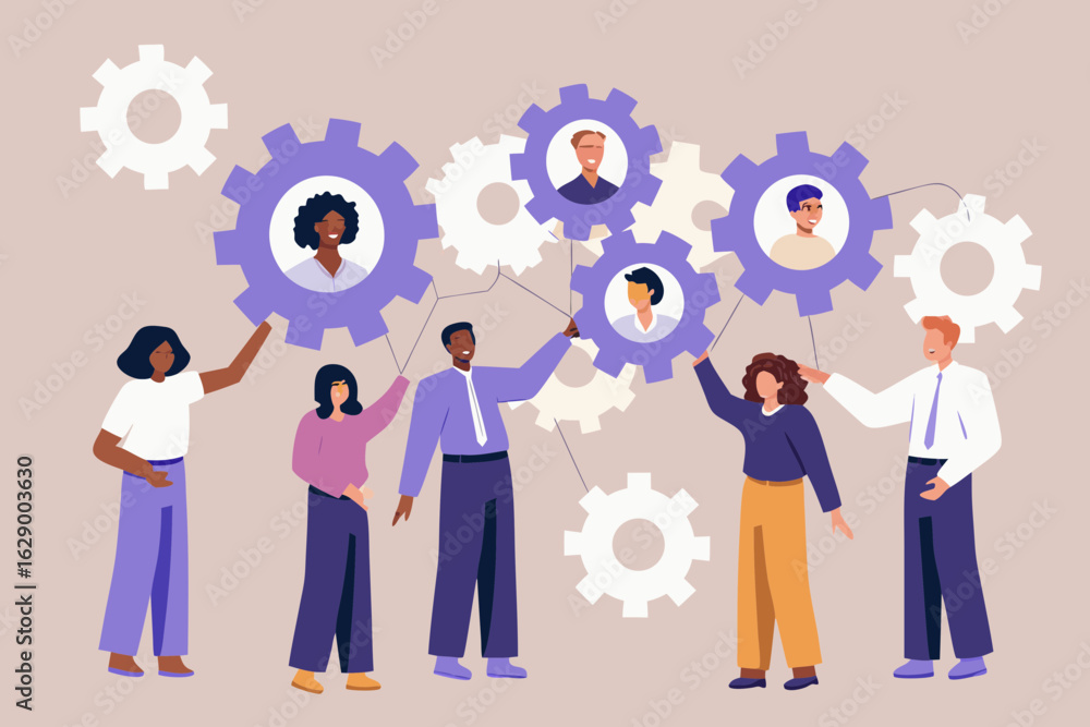 Poster diverse team working together with gears representing collaboration and connection