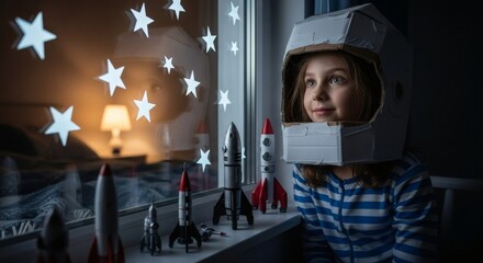 Aspiring astronaut girl with DIY helmet gazes through a starlit window, dreaming of a cosmic journey.