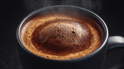 Hot coffee steaming in a dark mug