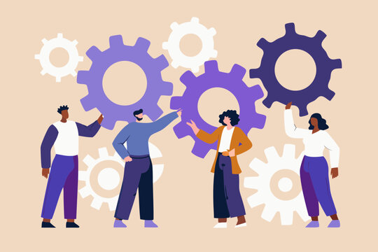 Diverse team working together with gears for collaboration and teamwork