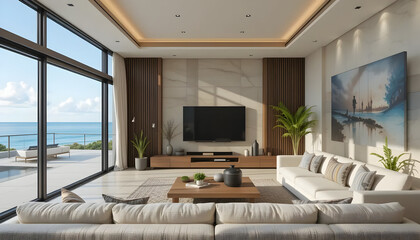 Sea view Living room with television in modern luxury beach house, Vacation home for big family - Interior 3d rendering