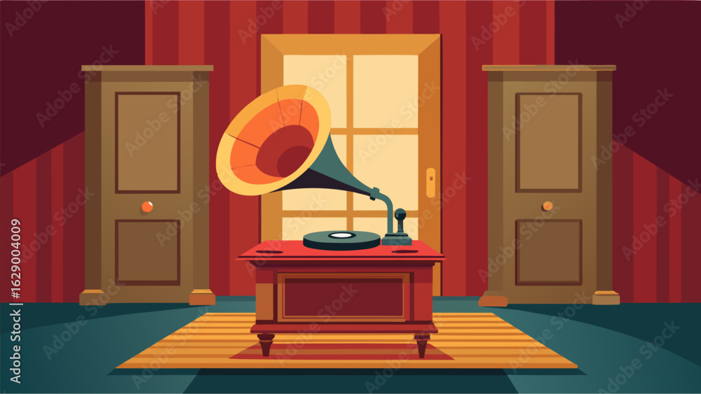 Poster a gramophone sits on a table near the entrance inviting guests to take a step back in time and liste