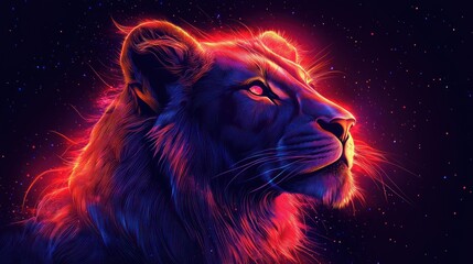 Lion head digital art glowing with red and blue light on dark background.
