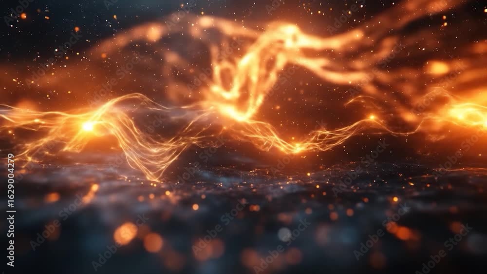 Poster dynamic energy wave: abstract glowing plasma flowing across dark surface with bokeh