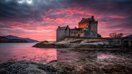 Fototapeta premium Majestic Castle Overlooking Serene Waters at Sunset With Vibrant Sky
