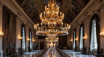 Obraz premium Interior view of a grand hall with chandeliers, long table, and arched windows and paintings on the ceiling
