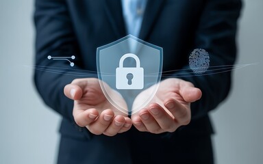 Businessperson holding a holographic shield with a padlock for data protection. Concept of cybersecurity, privacy, and secure information system.
