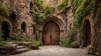 Fototapeta premium Ancient Stone Entrance Surrounded by Lush Greenery and Weathered Walls