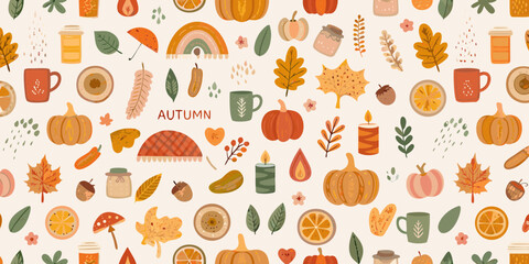 Cozy autumn pattern with pumpkins leaves and hot drinks