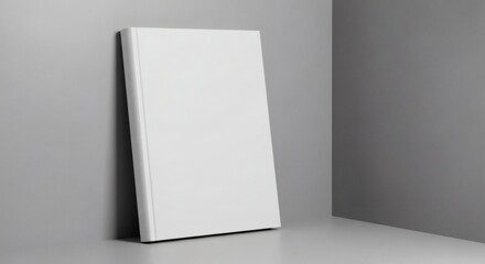 A blank white book stands upright against a light gray wall in a corner, its cover unmarked and ready for content.