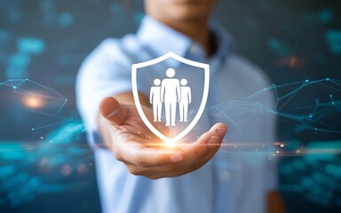 Businessman holding a protective shield icon for group security. Concept of employee safety, insurance, customer care, and data privacy.