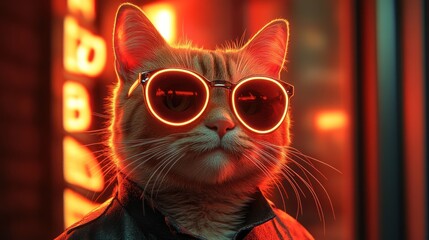 Cat wearing sunglasses and a jacket stands near a neon sign.