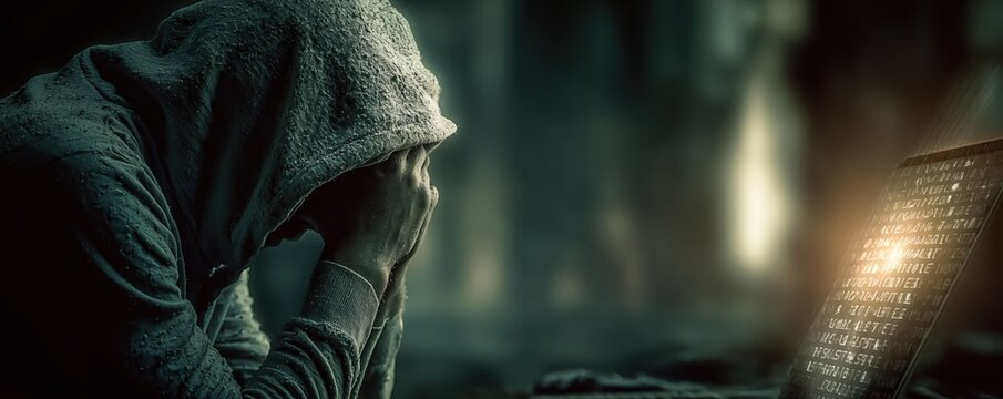 Frustrated hacker angrily stares at the screen, failing to breach the strong security system - Powered by Adobe