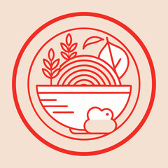 Stylized icon of a bowl of ramen noodles with chopsticks and garnishes in a circular frame
