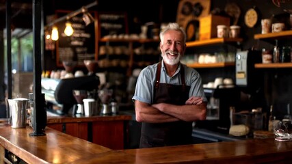 A portrait of a mature man in a baristas shop, captured in a candid moment. He stands confidently with his arms crossed, exuding a sense of professionalism and focus. The shops interior is rustic.