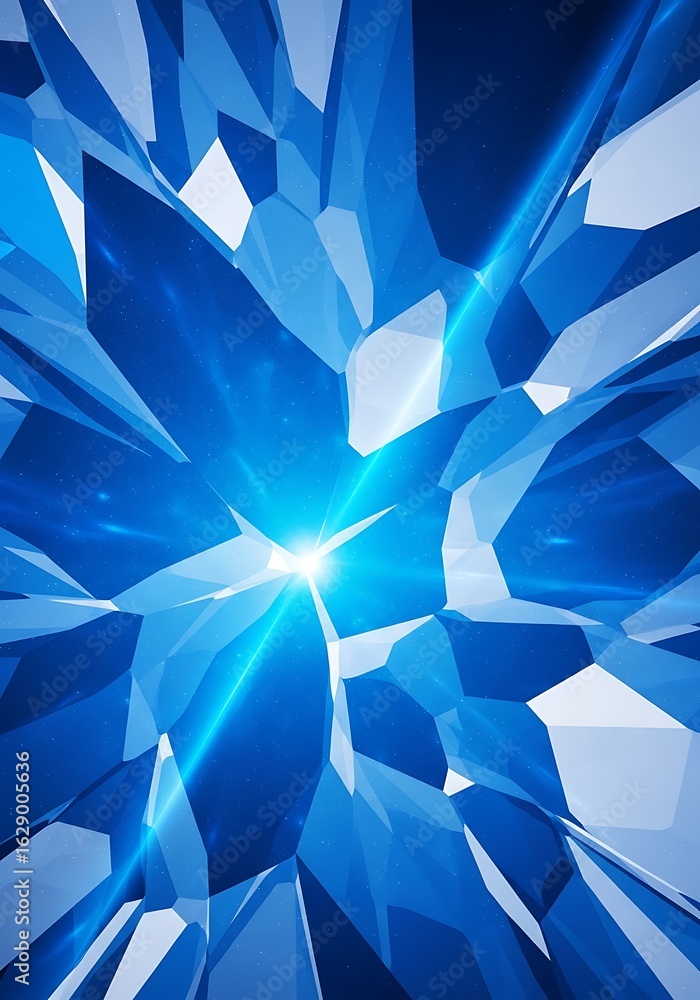 Poster dynamic interplay of azure crystalline facets with radiant light burst creating depth