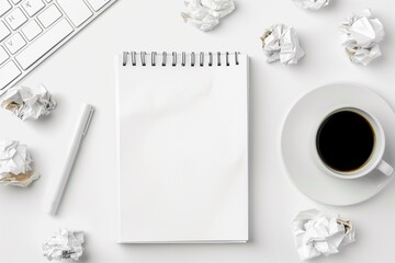 Flat lay of crumpled paper balls and blank notebook on white desk, minimal creative burnout or writer's block concept.