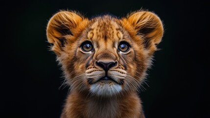 Fototapeta premium Lion cub portrait against a dark background showing its face and upper body.