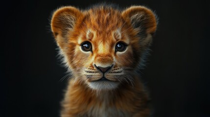 Obraz premium Close up of a lion cub with brown fur against a dark background.