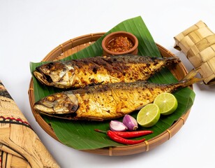 A high resolution, aesthetic still life photograph of ikan asap smoked fish