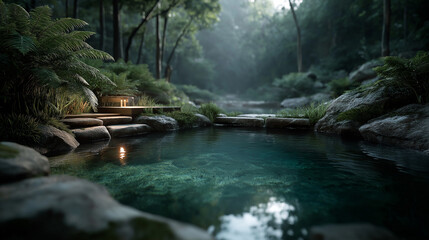 Naklejka premium A natural tropical swimming pool surrounded by ferns and moss, mist rising from the surface.