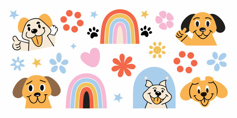 Cute cartoon dogs and rainbows with floral elements