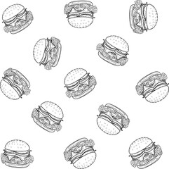 Delicious burger vector illustration. Tasty cheeseburger with lettuce, tomato, meat, and sesame bun. Perfect for fast food menus, restaurant ads, and food packaging design