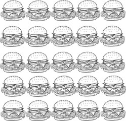 Delicious burger vector illustration. Tasty cheeseburger with lettuce, tomato, meat, and sesame bun. Perfect for fast food menus, restaurant ads, and food packaging design