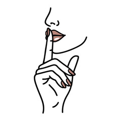 Woman holding finger to lips in a gesture for silence, minimalist line art vector illustration.