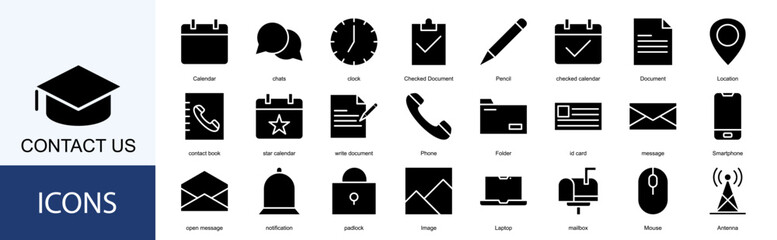Contact us icon collection set. Containing Calendar, chats, clock, Checked Document, Pencil, checked calendar icon
