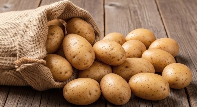 Fresh raw potatoes spilling from a burlap sack onto a rustic wooden table.