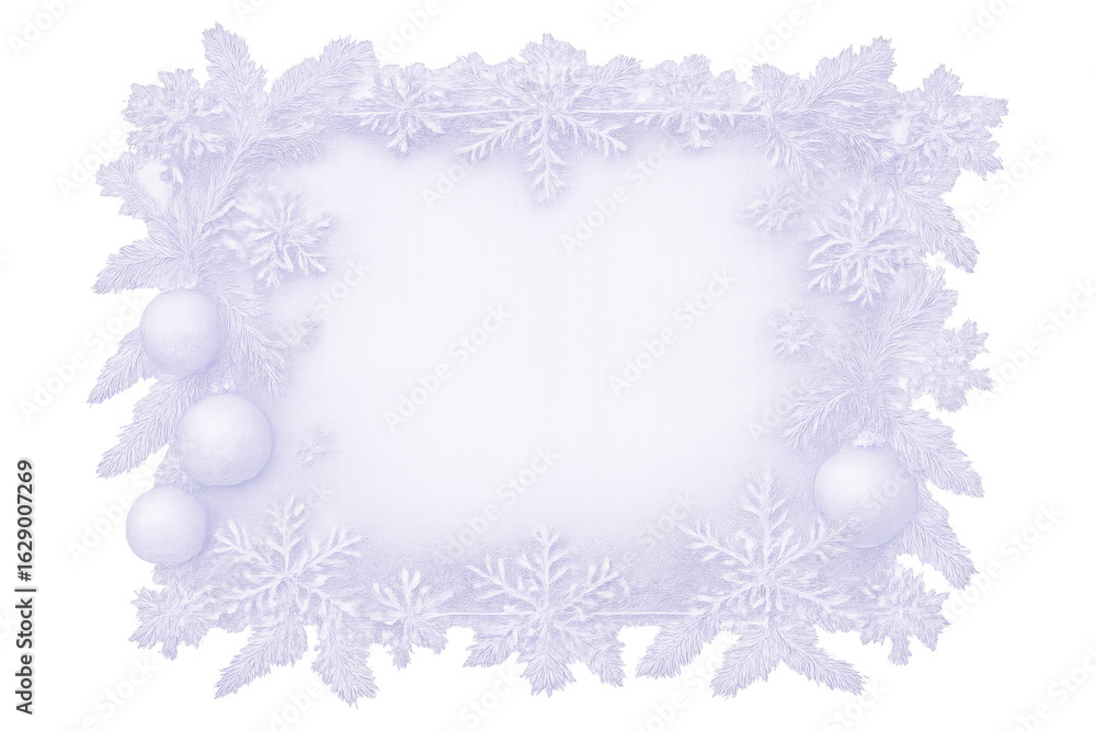 Poster christmas frame with snowflakes, pine branches and baubles creating a festive border on a transparen