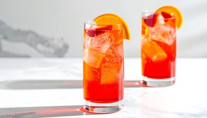 Two refreshing drinks with fruit garnishes