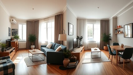 Side-by-side comparison of apartment interior before and after renovation with modern design.